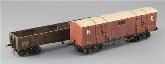 A NE bogie van, 25T Special Goods, no.102497, in red and an LMS open mineral wagon, double bogies, no.71413,